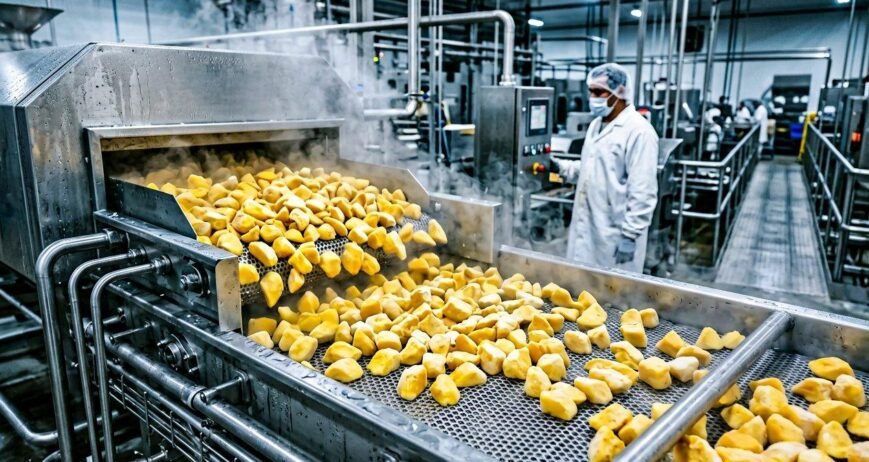 Individually quick frozen is a promise about texture. Here is what actually happens to a mango chunk between the cutting line and the carton — and why speed is everything.