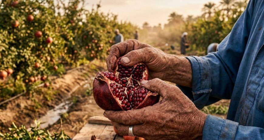 Upper Egypt grows the Wonderful variety in heat that would scorch most fruit. The result is a deep-red aril with the acidity to survive freezing. A visit to our growers in Assiut.